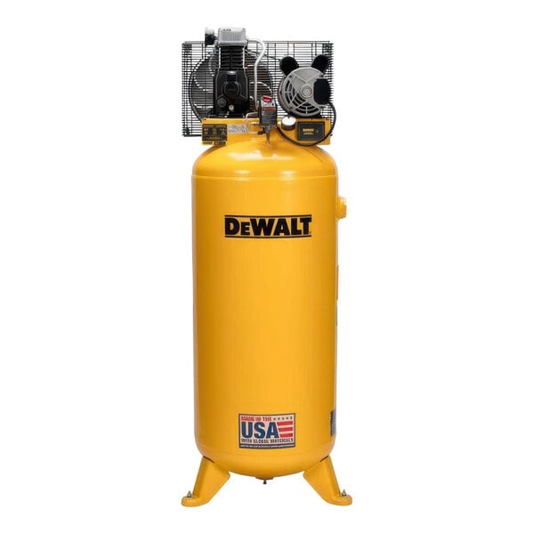 A yellow DeWalt air compressor tank with black text.