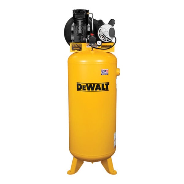 A yellow DeWalt air compressor cylinder with black text.