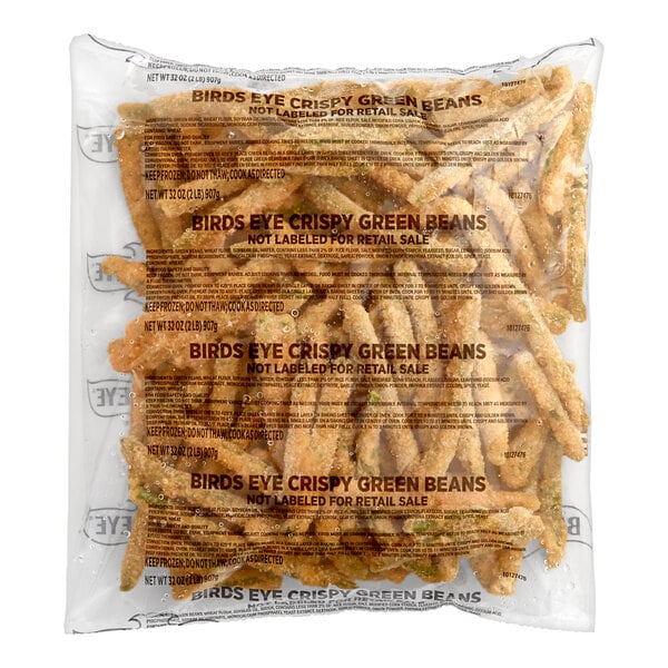 A white bag of Birds Eye Crispy Green Beans.