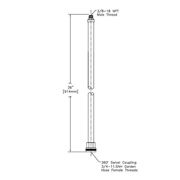 A line drawing of a T&S black rubber hose assembly with swivel couplings.