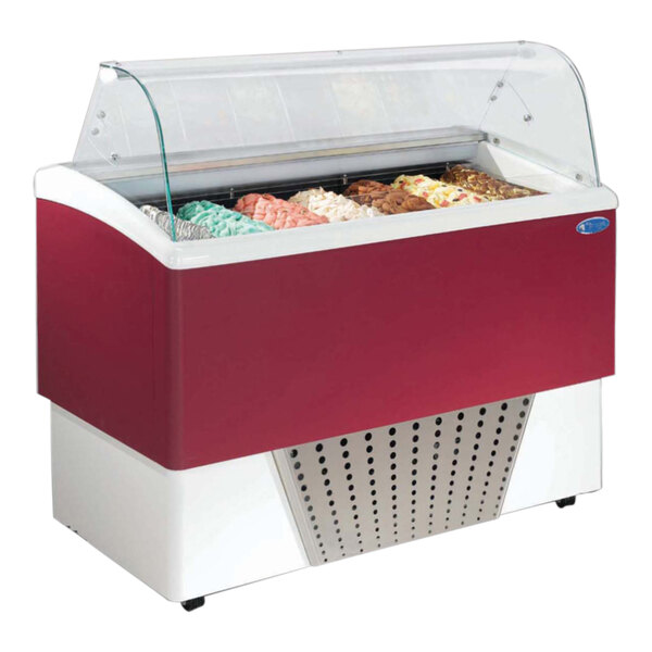 A red Stoelting Brio gelato dipping cabinet with ice cream inside.