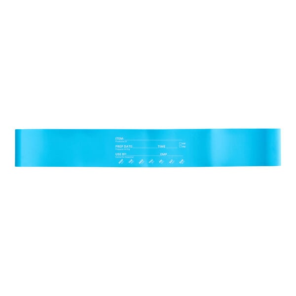 A blue plastic band with white text.