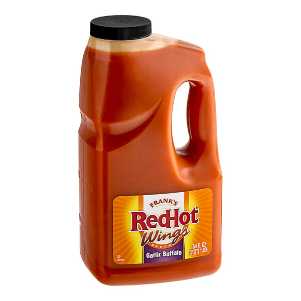 A jug of Frank's RedHot Garlic Buffalo Wing Sauce.