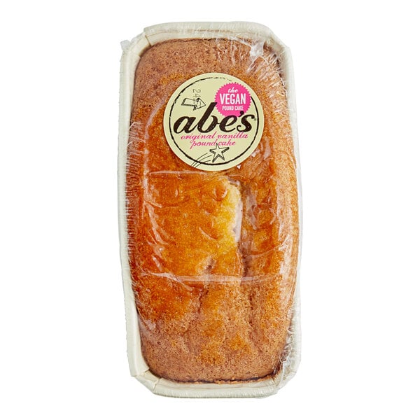 Abe's Vegan Vanilla Pound Cake in a container with a label.