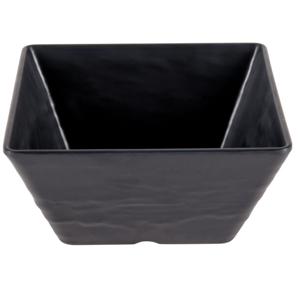 An American Metalcraft black square melamine bowl with a white border.