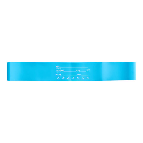 A blue plastic band with white text.