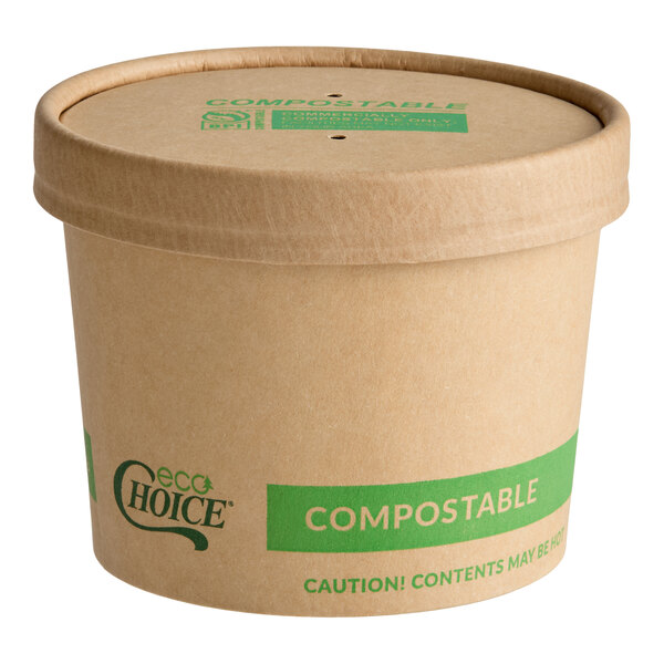 A 12 oz. kraft paper food cup with a vented lid labeled as compostable.