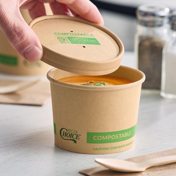 A 12 oz. kraft paper food cup with a vented compostable lid from EcoChoice.
