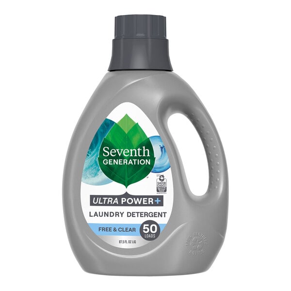 A grey bottle of Seventh Generation Ultra Power+ Liquid Laundry Detergent.