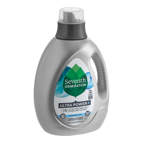 A bottle of Seventh Generation Ultra Power+ Free & Clear liquid laundry detergent.