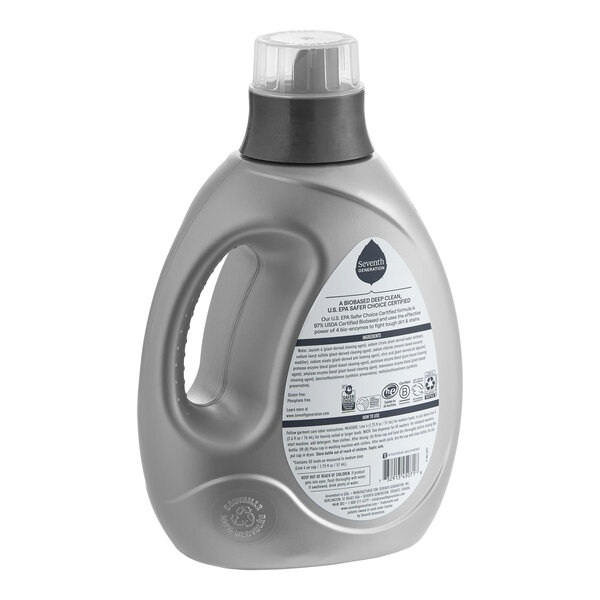 A large gray plastic bottle of Seventh Generation Power+ Free & Clear liquid laundry detergent.
