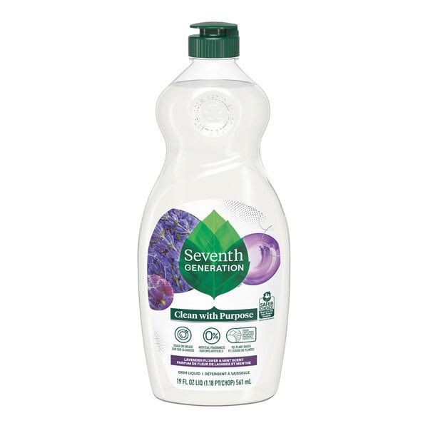 A plastic bottle of Seventh Generation Lavender Flower and Mint dish soap with a label.