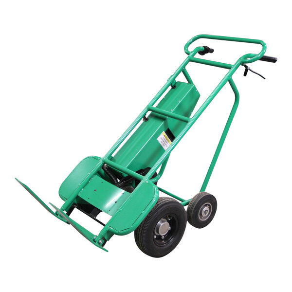 A green Valley Craft powered pallet hand truck with wheels and a handle.