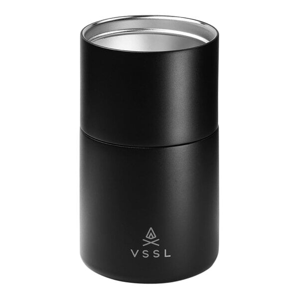 A black cylindrical VSSL container with a white cap.