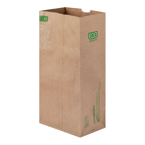 A brown Kraft paper bag with green and white text.