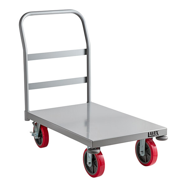A gray steel Lavex Pro platform truck with red wheels.