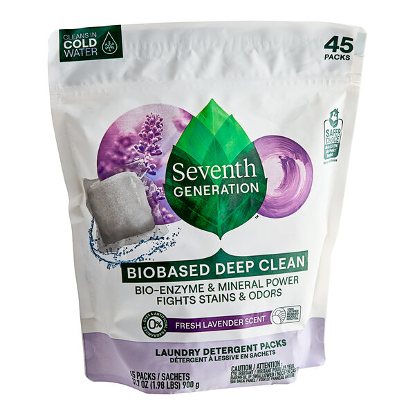 A white bag of Seventh Generation lavender laundry detergent packs with a purple and green label.