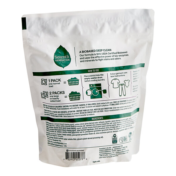 A white bag of Seventh Generation lavender laundry detergent packs with green and green text.