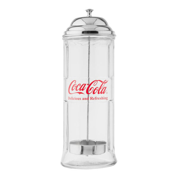 A Tablecraft Coca-Cola glass countertop straw dispenser with a lid.