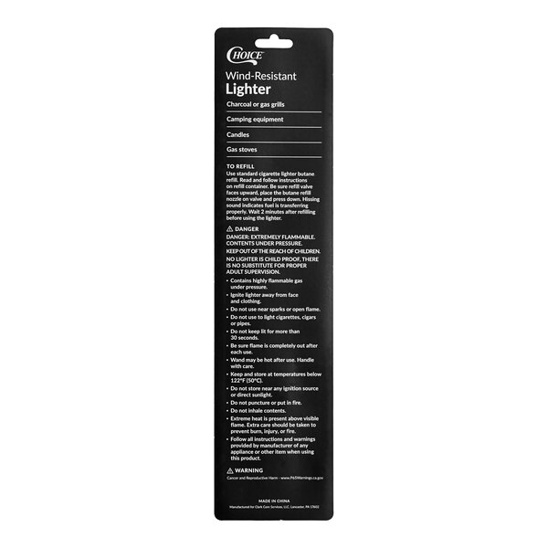 A black label with white text on a white background with black lines for a 12 pack of Choice 10 1/2" wind-resistant multi-purpose lighters.