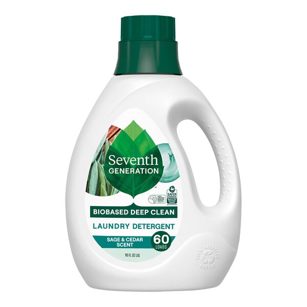 A white bottle of Seventh Generation laundry detergent with a green label.