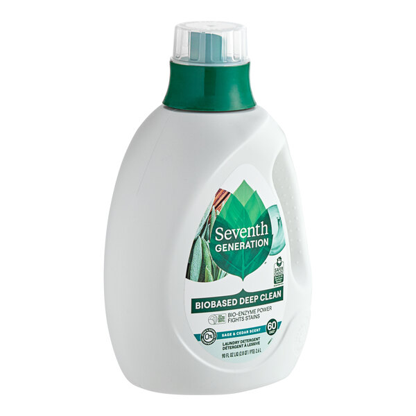 A white bottle of Seventh Generation sage and cedar laundry detergent with a green label and lid.