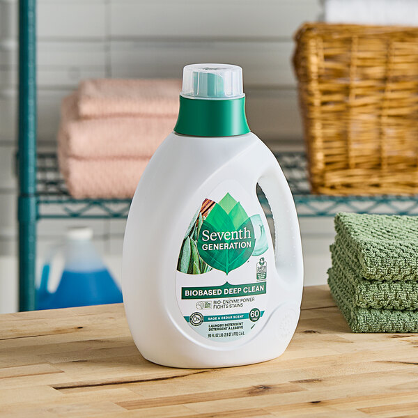 A white container with a green Seventh Generation label on a wooden surface.