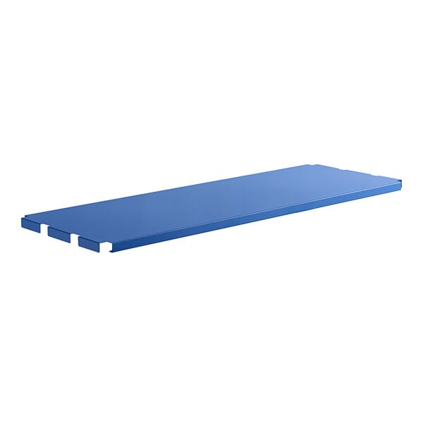 A blue rectangular steel shelf with holes.