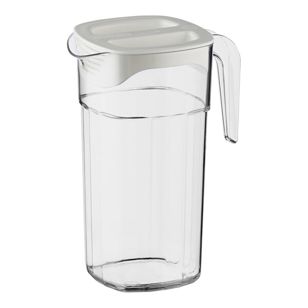 An Araven clear polycarbonate pitcher with a white lid.