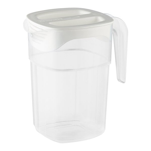 An Araven clear plastic pitcher with a white lid.