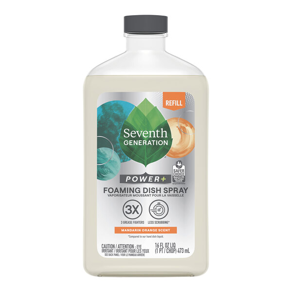 A white bottle of Seventh Generation Mandarin Orange Scent Foaming Dish Spray on a counter.