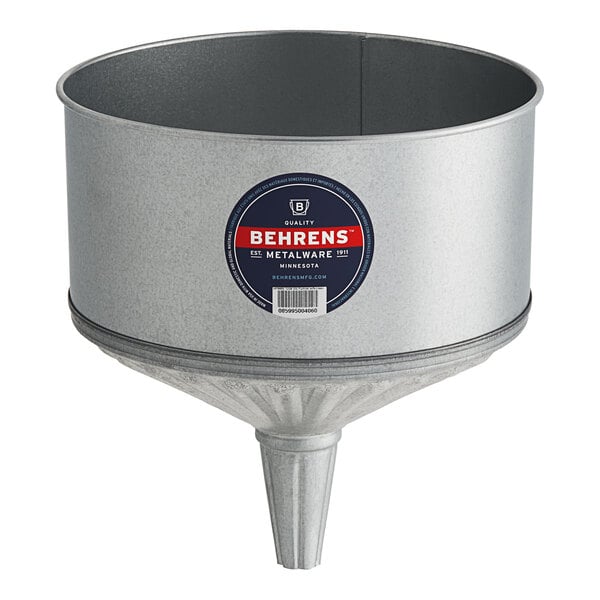 A silver metal Behrens funnel with a logo on it.