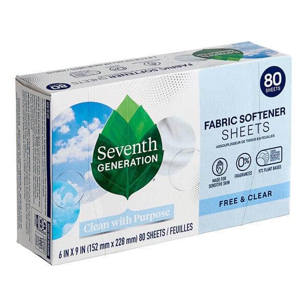 A white and green box of Seventh Generation Free & Clear fabric softener sheets.