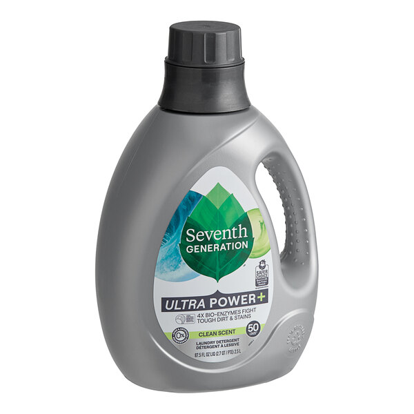 A grey bottle of Seventh Generation Ultra Power Liquid Laundry Detergent with a white label.