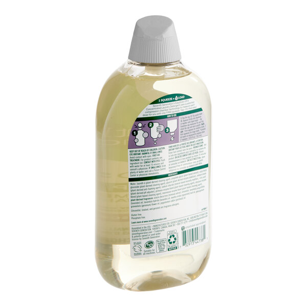 A clear plastic bottle of Seventh Generation EasyDose lavender ultra-concentrated laundry detergent with a gray cap and product information label.