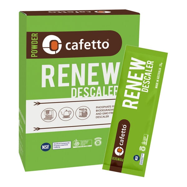 A green and white Cafetto Renew descaling powder sachet pack.