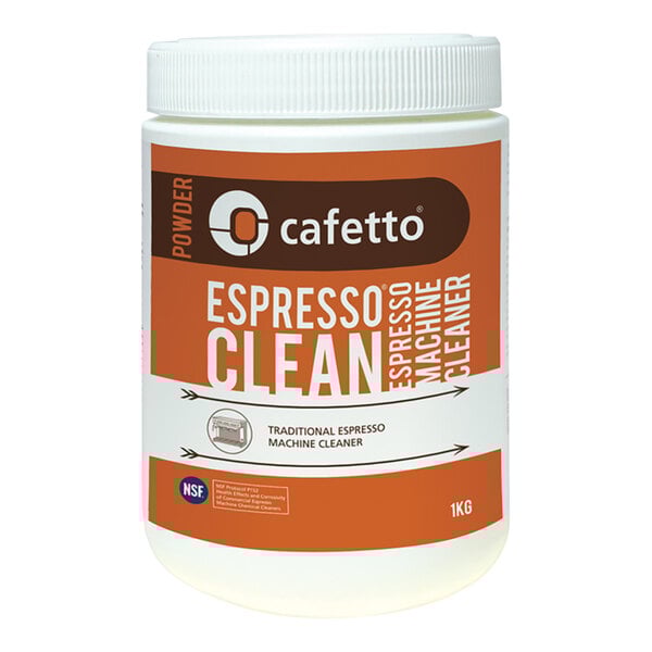 A white plastic container of Cafetto Espresso Clean powder with a white label.