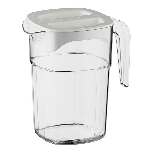 An Araven clear plastic pitcher with a white lid.