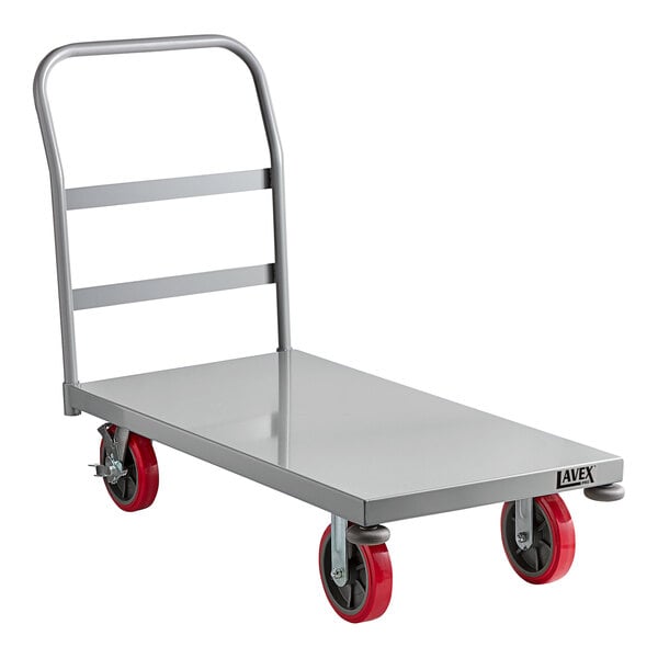 A gray metal cart with red wheels.