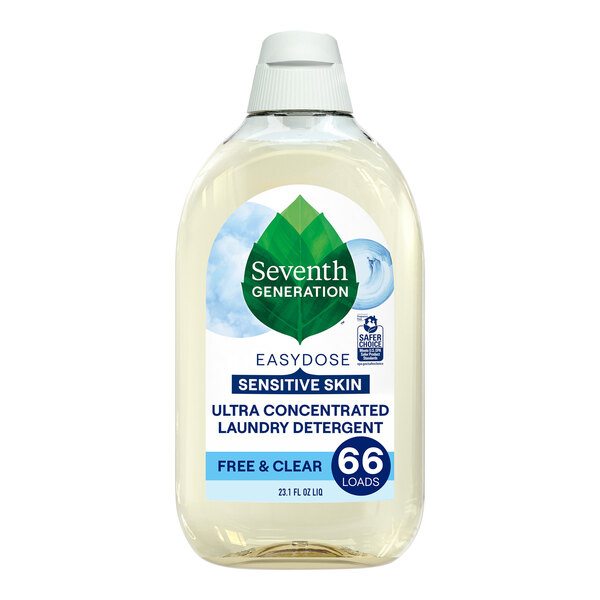 A white bottle of Seventh Generation Ultra-Concentrated Free & Clear Laundry Detergent with a label.