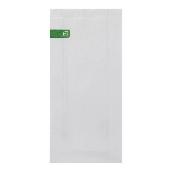 A white paper bag with a green rectangle logo.