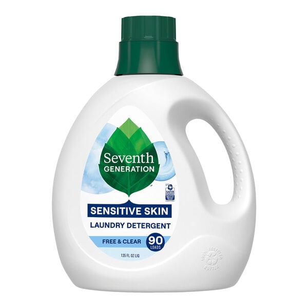 A white Seventh Generation Free & Clear Liquid Laundry Detergent bottle with a green label and lid.