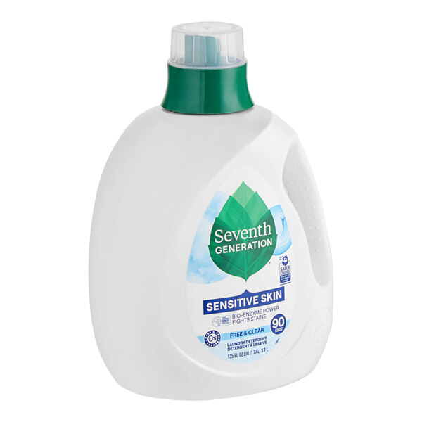 A white bottle of Seventh Generation Free & Clear liquid laundry detergent with a green lid.