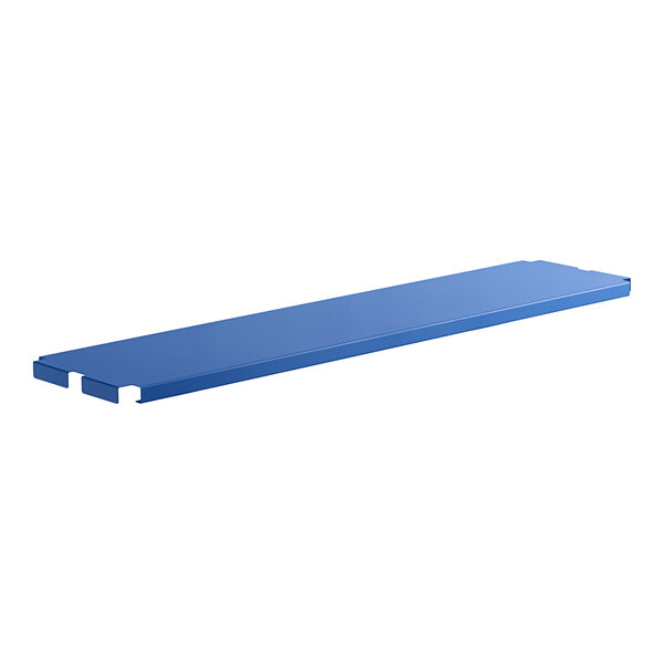 A blue rectangular Lavex shelf with holes on the long edges.
