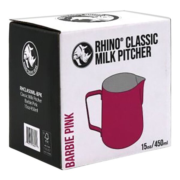 A white box with a Rhino Coffee Gear Barbie Pink Milk Pitcher on the front.