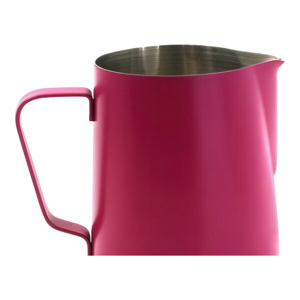A Rhino Coffee Gear Barbie Pink stainless steel milk pitcher with a metal handle.
