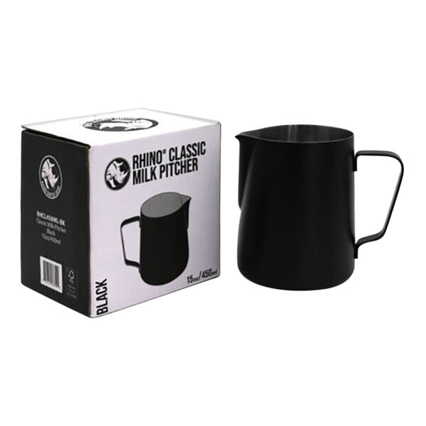 A black Rhino Coffee Gear stainless steel milk pitcher with a box.