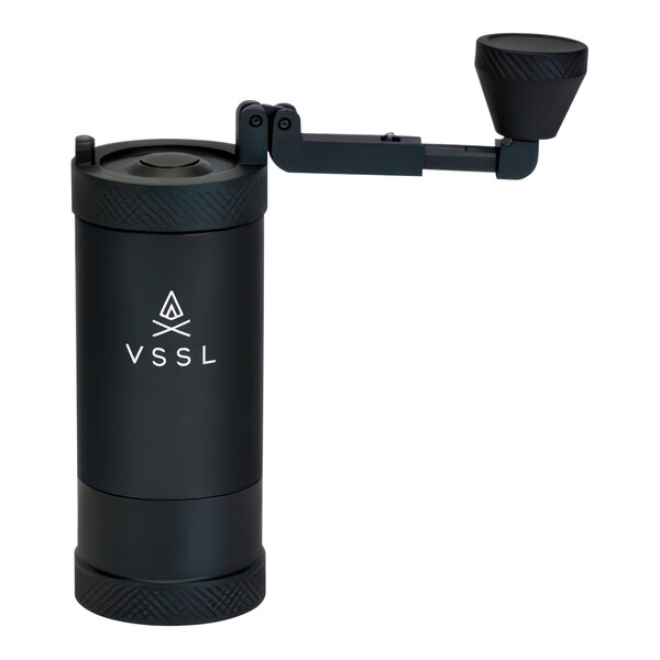 A black VSSL coffee grinder with a handle.
