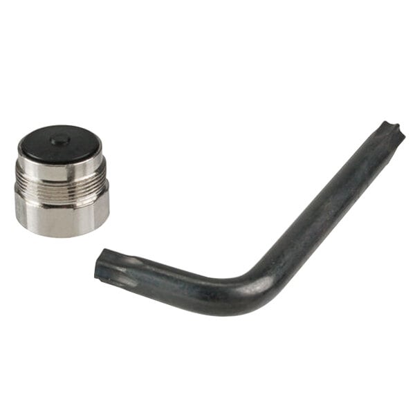 A black and silver hex key for a metal faucet outlet.