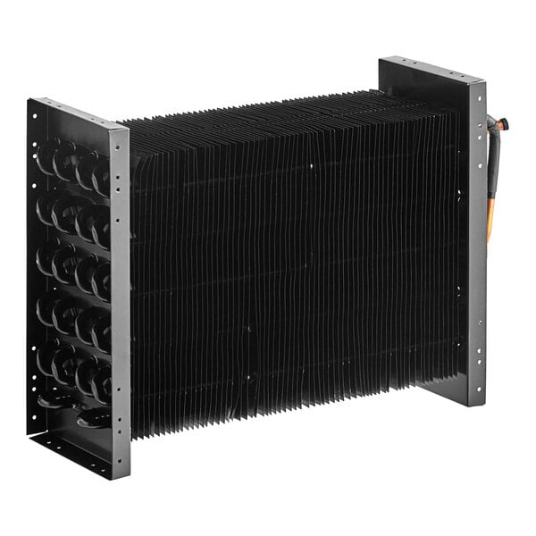 An Avantco evaporator coil with a black rectangular shape and wires.